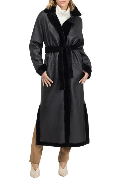 Reversible Textured Genuine Shearling Coat with Side Slits, Belt