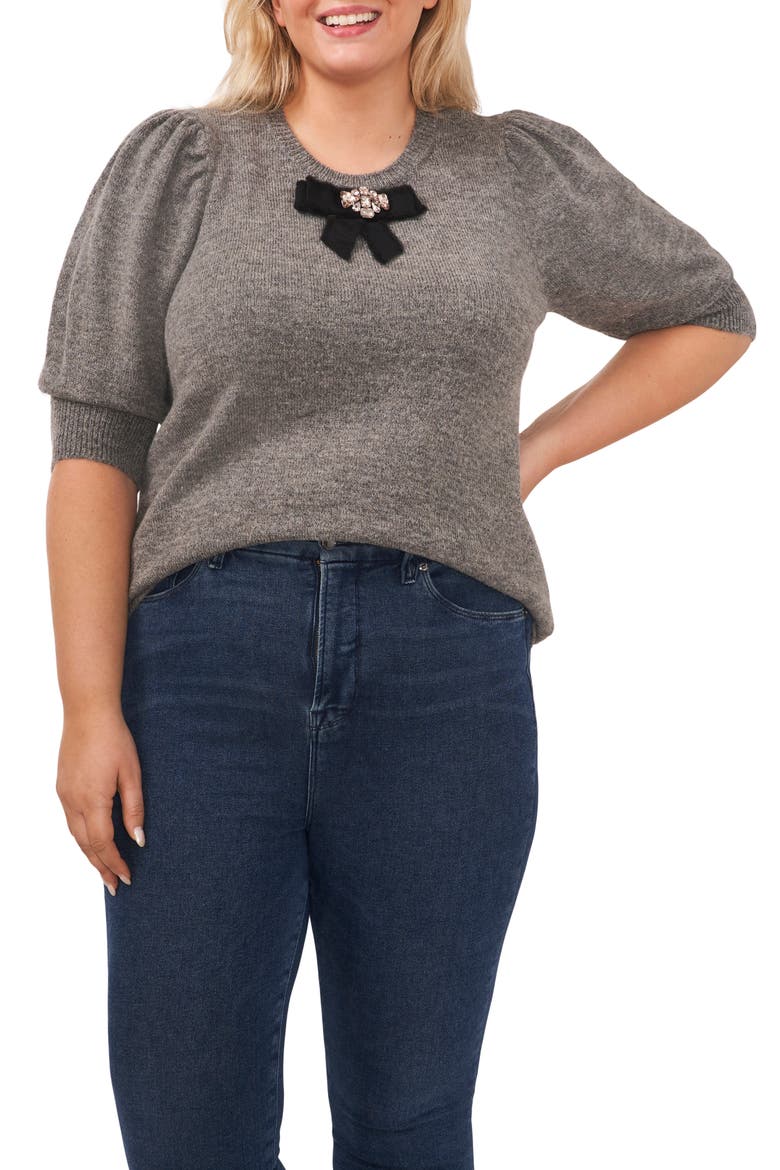 Crystal Bow Puff Sleeve Sweater, Main, color, SMOKE GREY