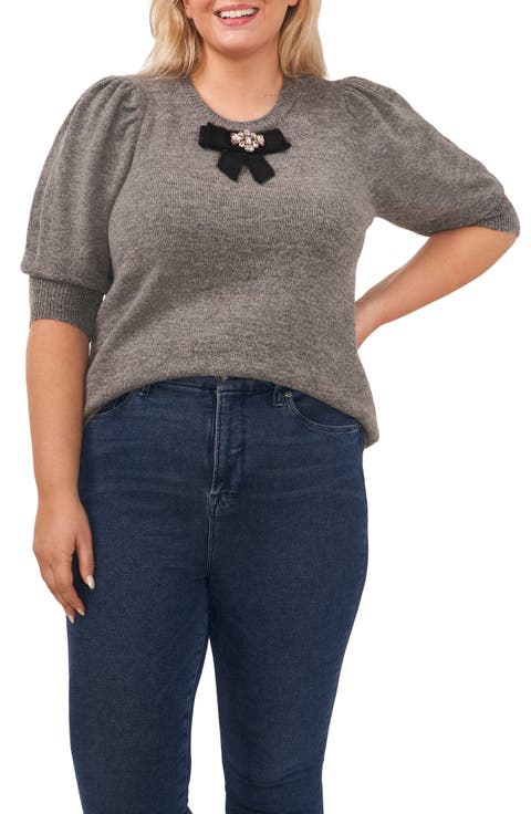 Crystal Bow Puff Sleeve Sweater (Plus Size)
