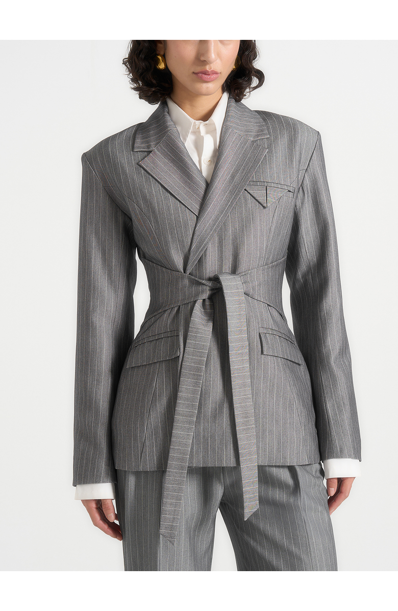 Manière De Voir Delphine Pinstripe Wrap Tie Blazer, Main, color, Grey