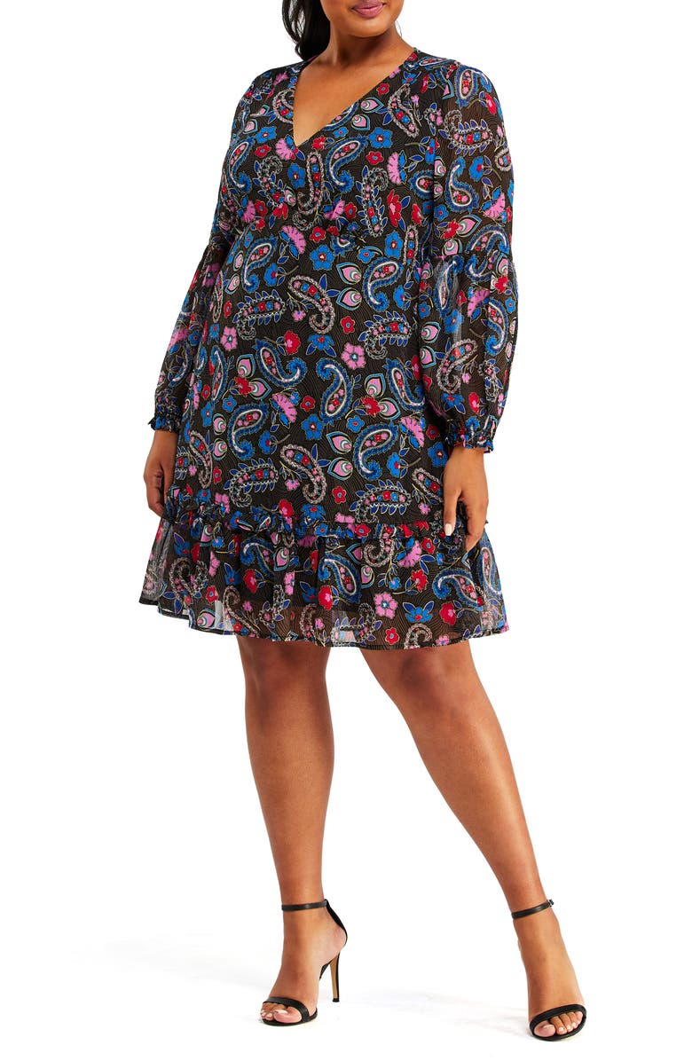 Estelle Cannes Paisley Print Long Sleeve Chiffon A-Line Dress, Main, color, 
