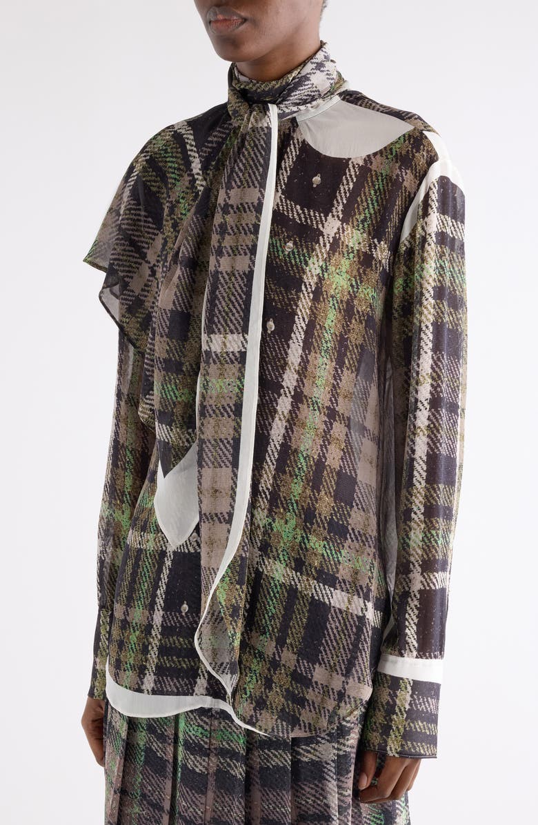 Acne Studios Senelle Plaid Silk Shirt, Alternate, color, Green/ Grey
