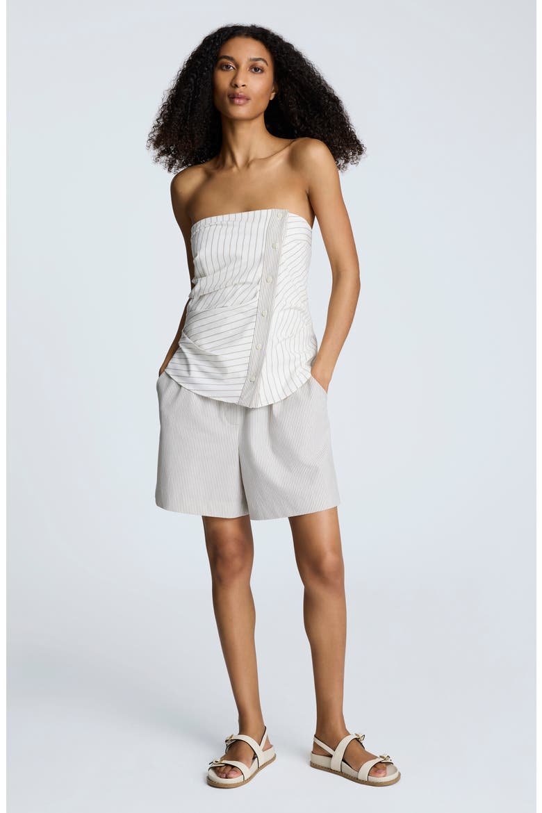 Ruched Stripe Strapless Top, Alternate, color, PURE WHITE/ BEIGE BRONZ