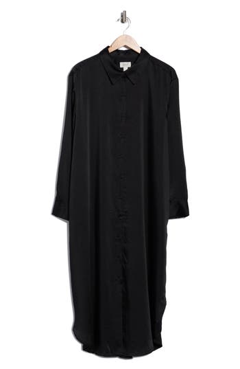 Nordstrom Rack Long Sleeve Textured Satin Shirtdress In Black