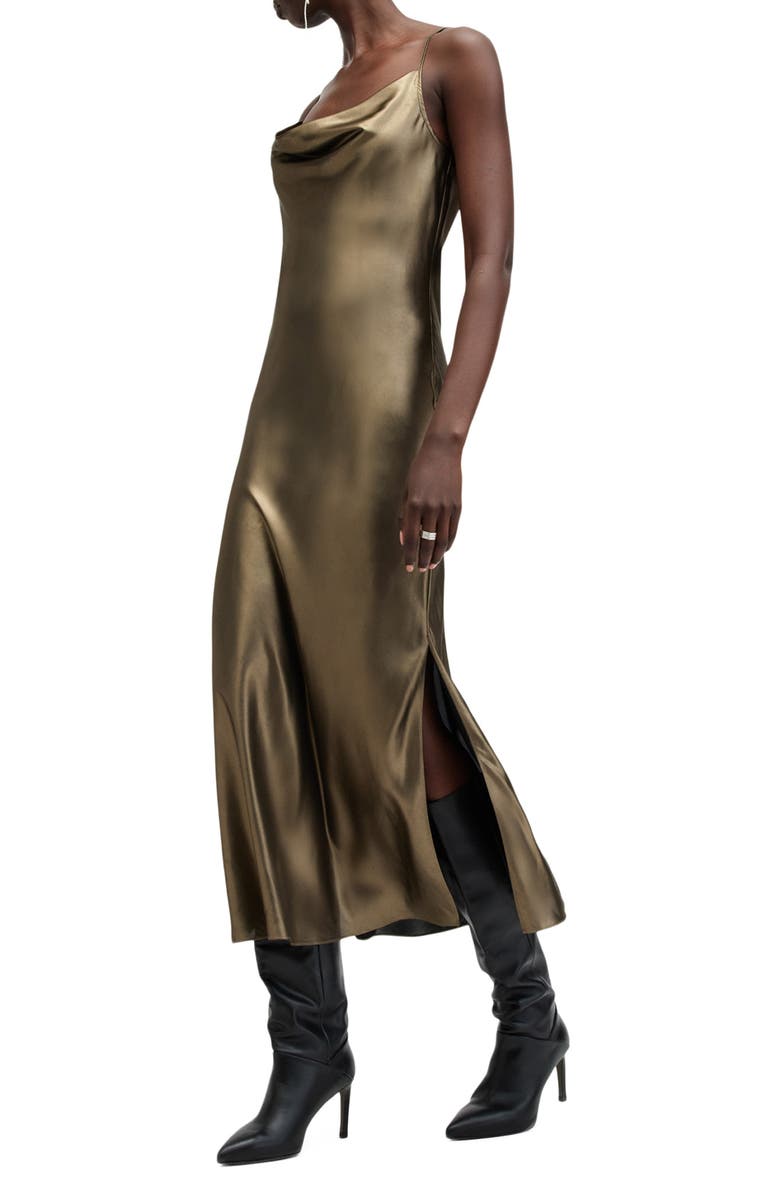 AllSaints Hadley Metallic Satin Slipdress, Alternate, color, Metallic Gold