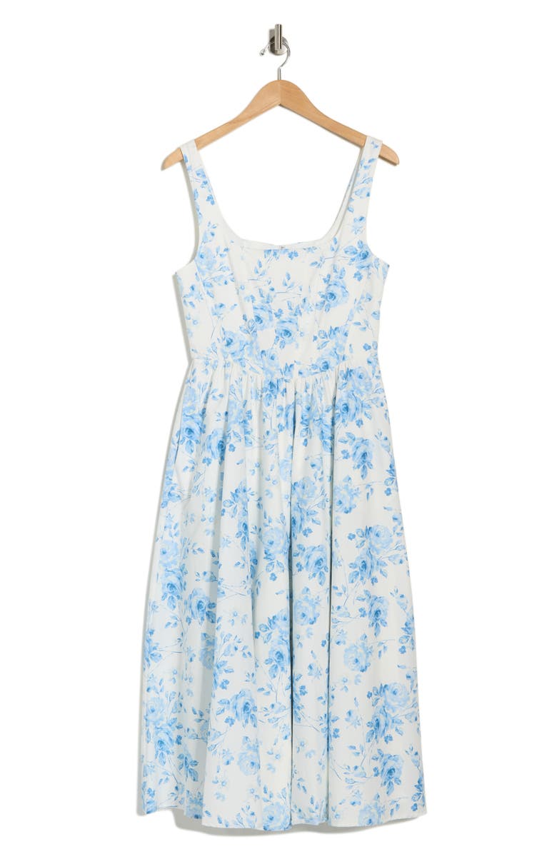 WAYF Floral Corset Midi Dress, Main, color, Blue Toile Roses
