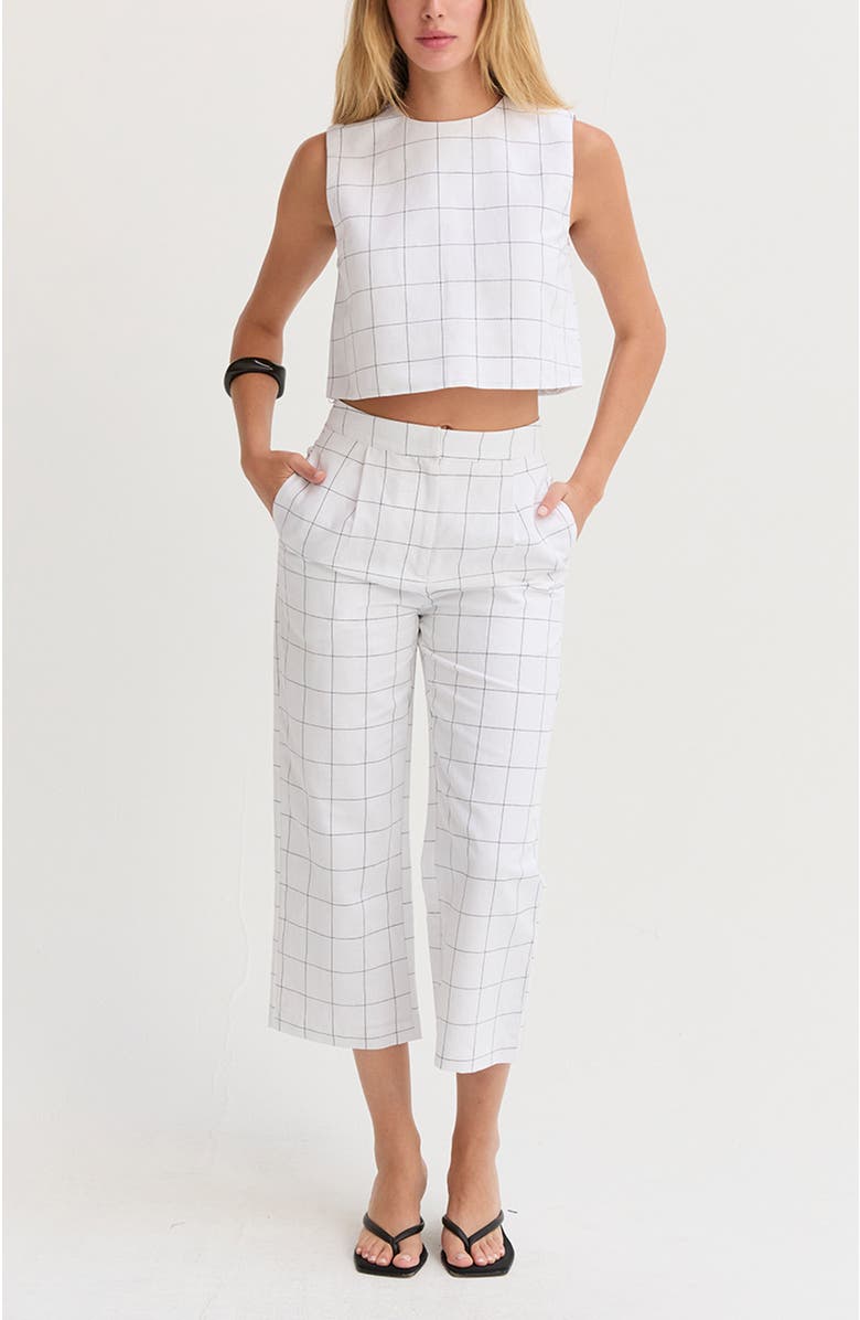 CRESCENT Windowpane Semi Cropped Linen Top, Alternate, color, White