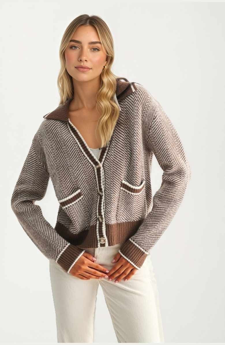 Knit and Lounge Contrast Trim Cropped Button-Front Cardigan, Alternate, color,