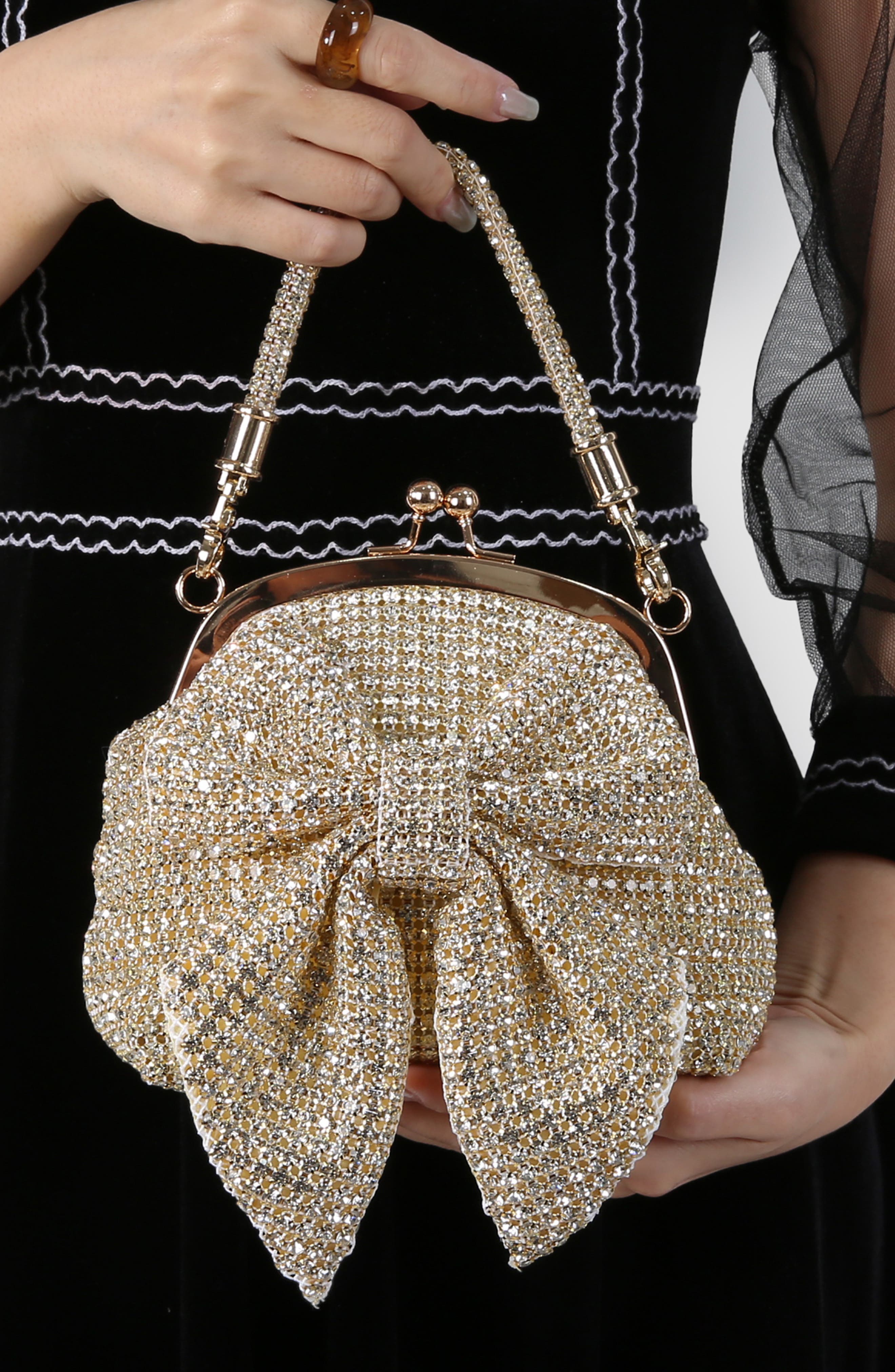 Rhinestone Embellished Bow Handbag, Alternate, color, GOLD