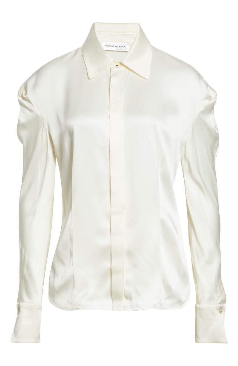 Victoria Beckham Twisted Shoulder Satin Button-Up Shirt, Main, color, Ivory