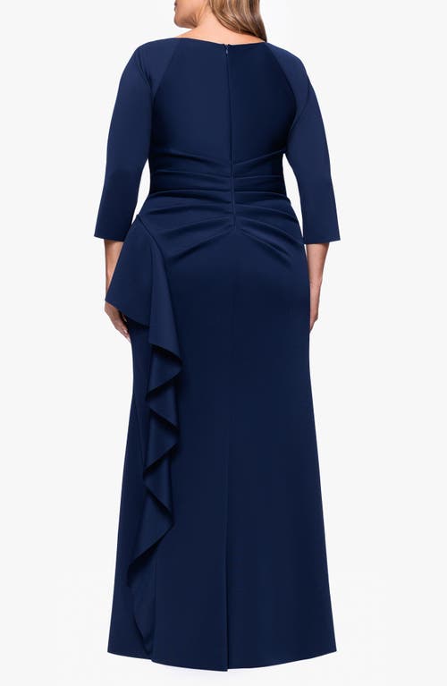 Xscape Evenings Ruched Scuba Knit Ruffle Gown