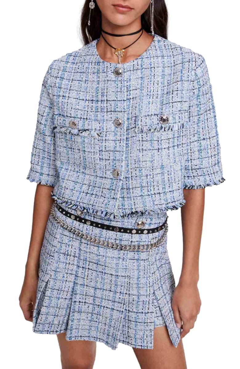 maje Pleated Tweed Miniskirt, Alternate, color, 