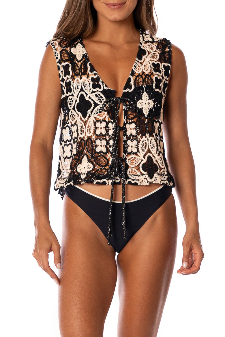 Floral Knit Key Crochet Cover-Up Vest, Main, color, BLACK