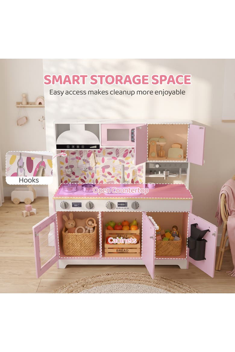 Kids Play Kitchen Set with Sink, Stove, Coffee Maker, Ice Maker, Oven, White, Alternate, color, Pink