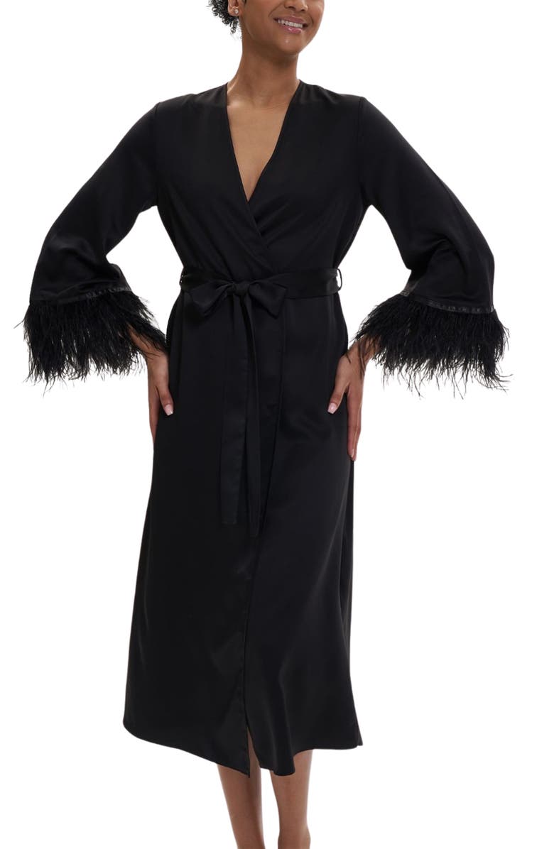 Rya Collection Swan Ostrich Feather Trim Charmeuse Robe, Alternate, color,