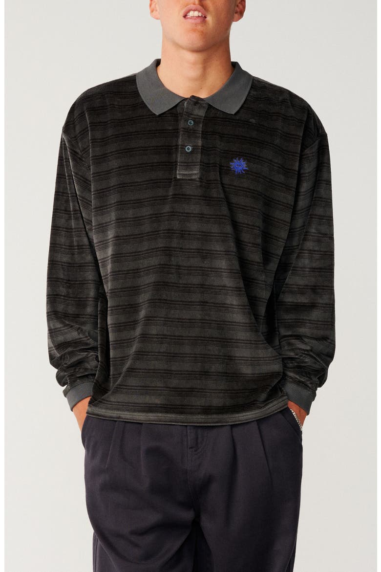 Disorder Stripe Long Sleeve Velour Polo, Main, color, WASHED BLACK