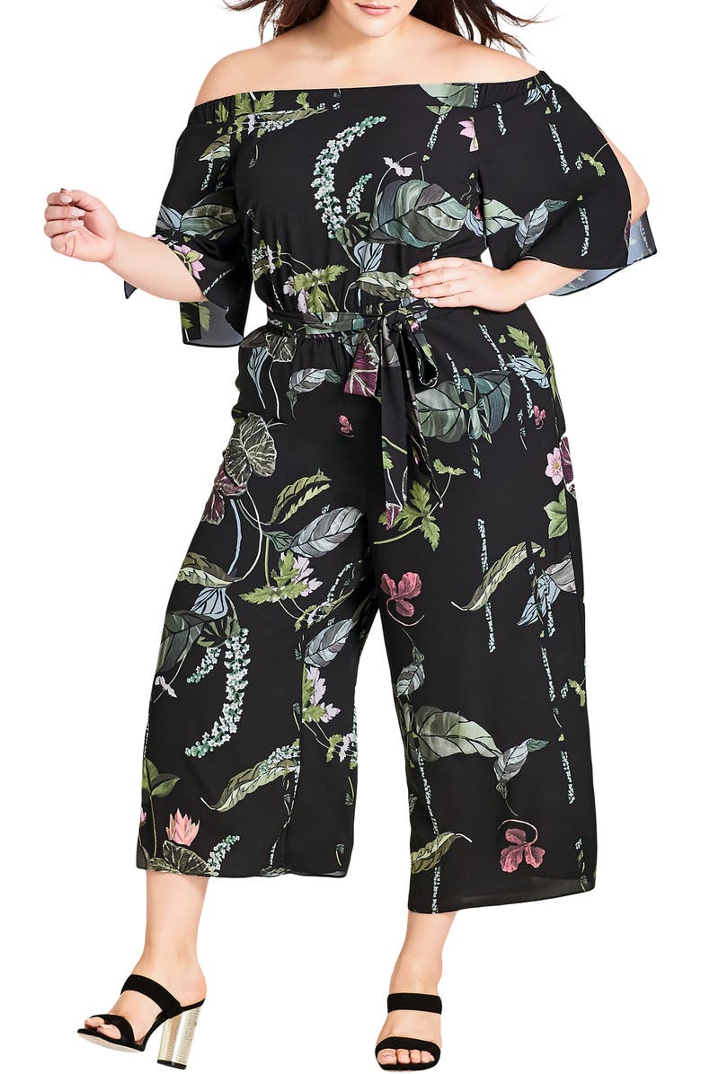 City Chic Print Off the Shoulder Jumpsuit, Main, color, 