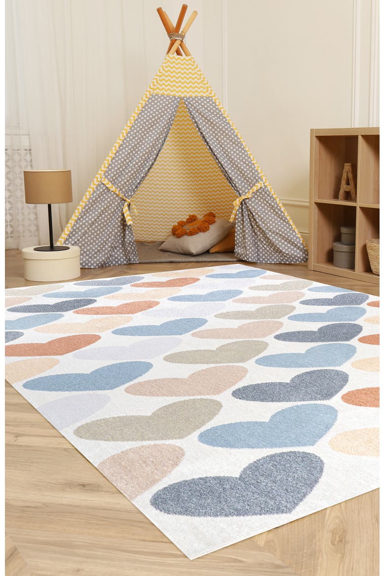 Dila Modern Hearts Geometric Machine-Washable Area Rug, Alternate, color, Ivory/Blue/Orange