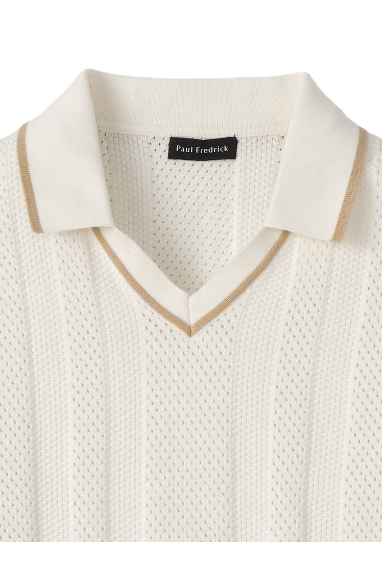 Cotton Crochet V-neck Polo, Alternate, color, White