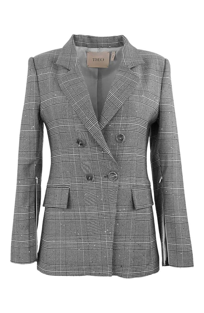 THEO The Label Eudora Split Sleeve Sequined Prince Of Wales Jacket, Main, color, Black