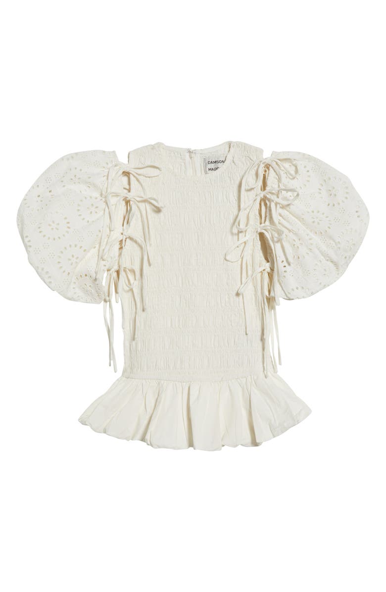 Damson Madder Lillian Puff Sleeve Smocked Organic Cotton Peplum Top, Alternate, color, White