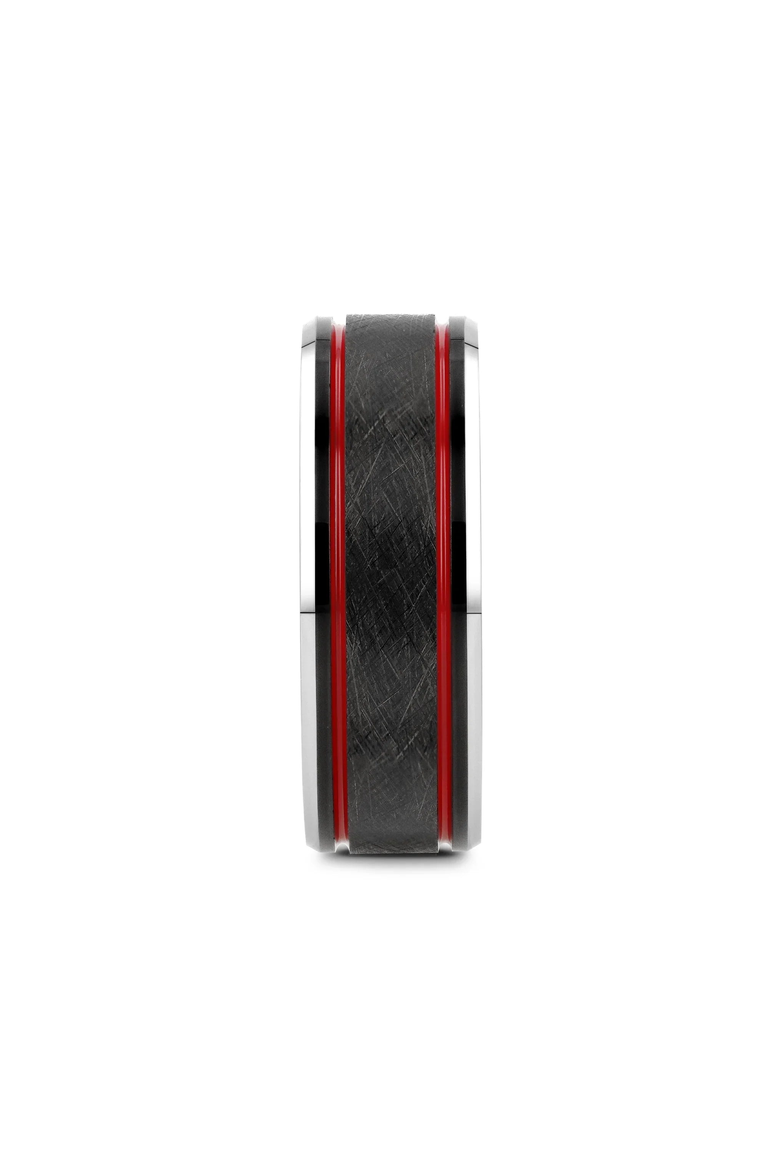 Olis Wire Finish Tungsten Wedding Band, Alternate, color, Black / Red