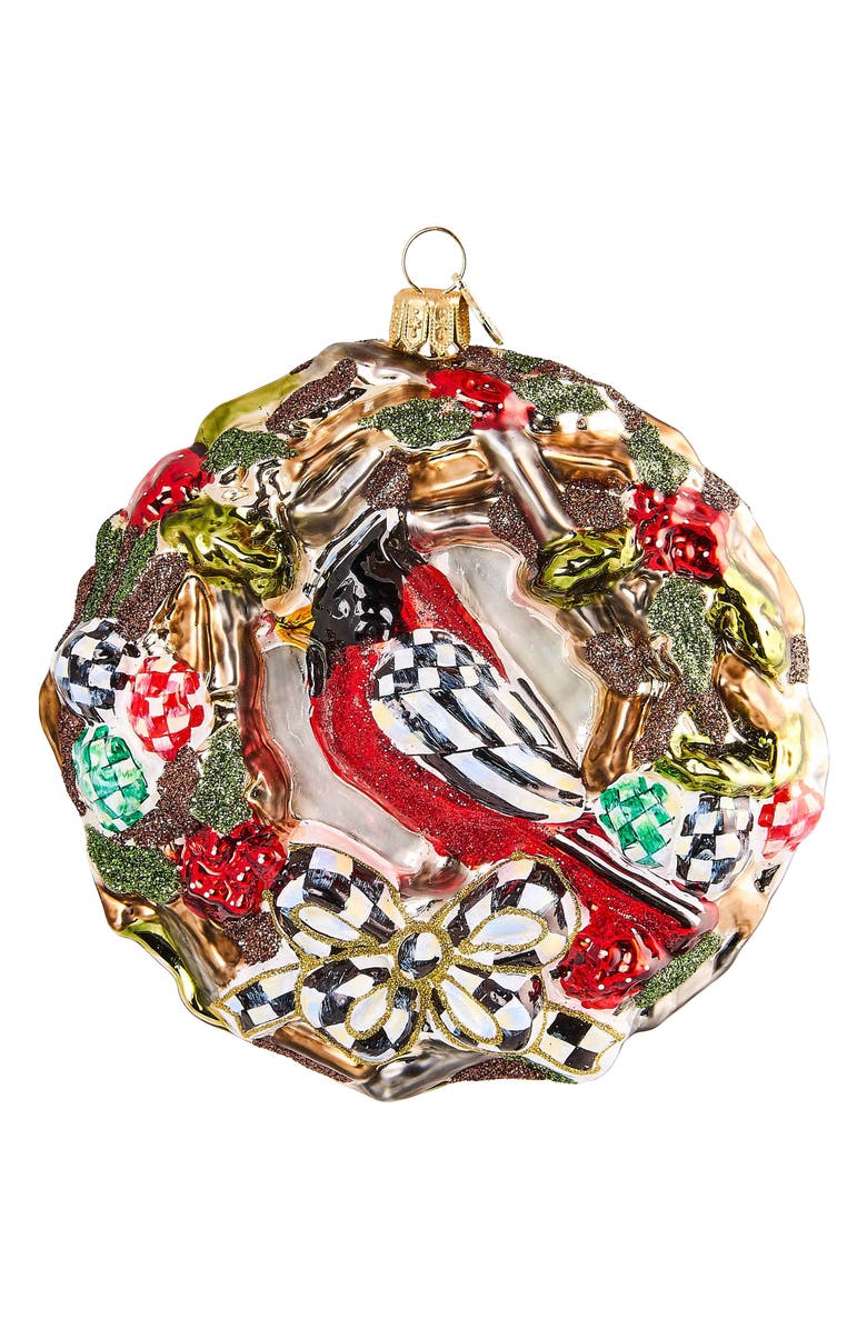 MACKENZIE CHILDS 2025 Cardinal Wreath Glass Ornament, Main, color, Green