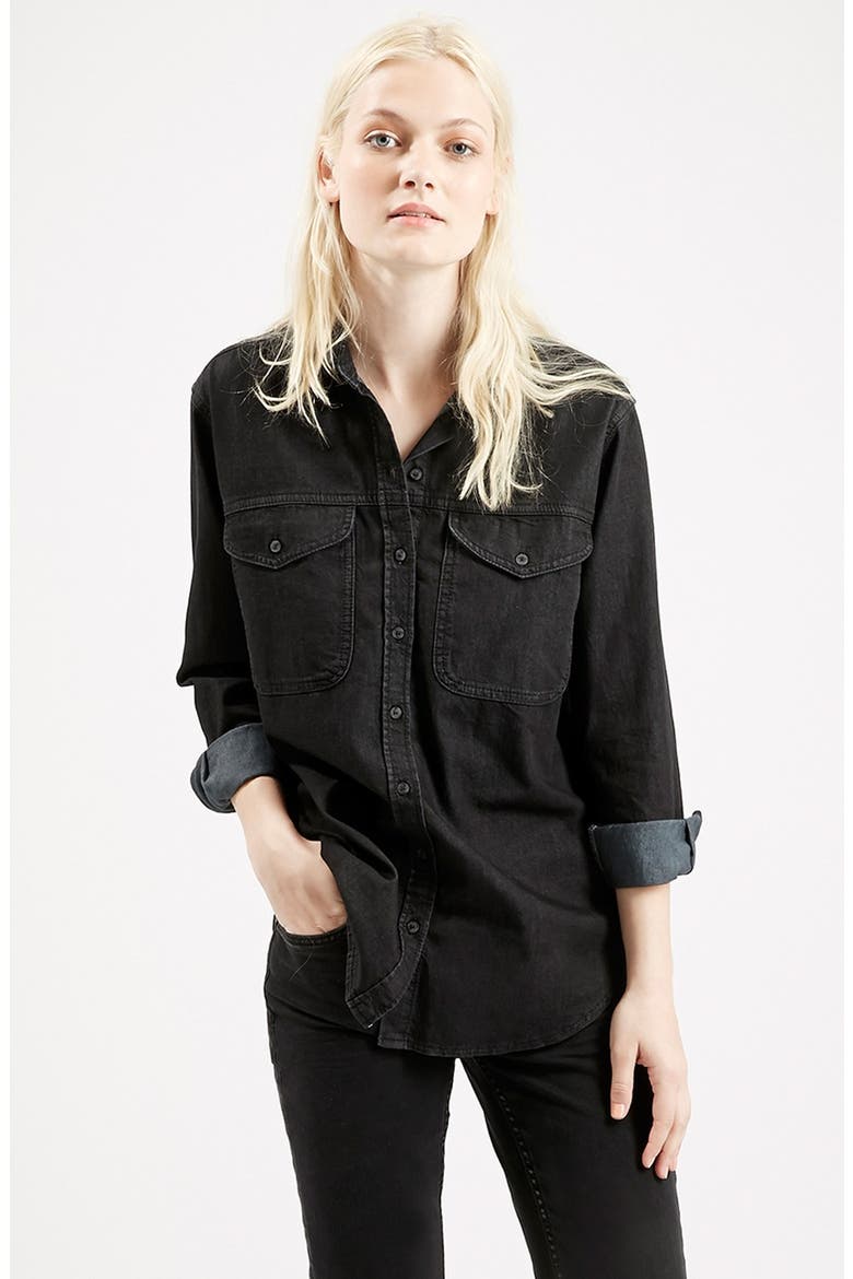 Moto 'Elton' Washed Black Denim Oversize Shirt, Main, color, BLACK