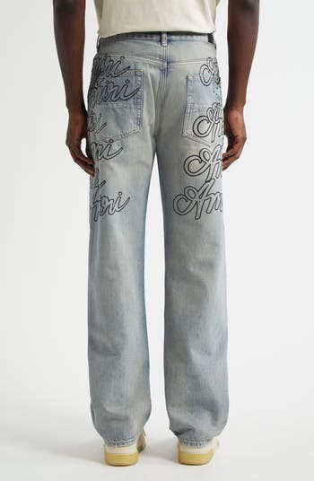 Script Distressed Straight Leg Jeans