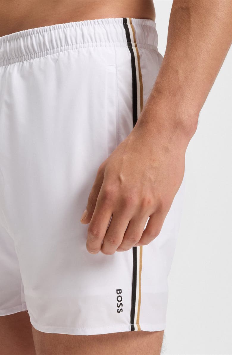 BOSS Iconic Side Stripe Swim Trunks, Alternate, color, White