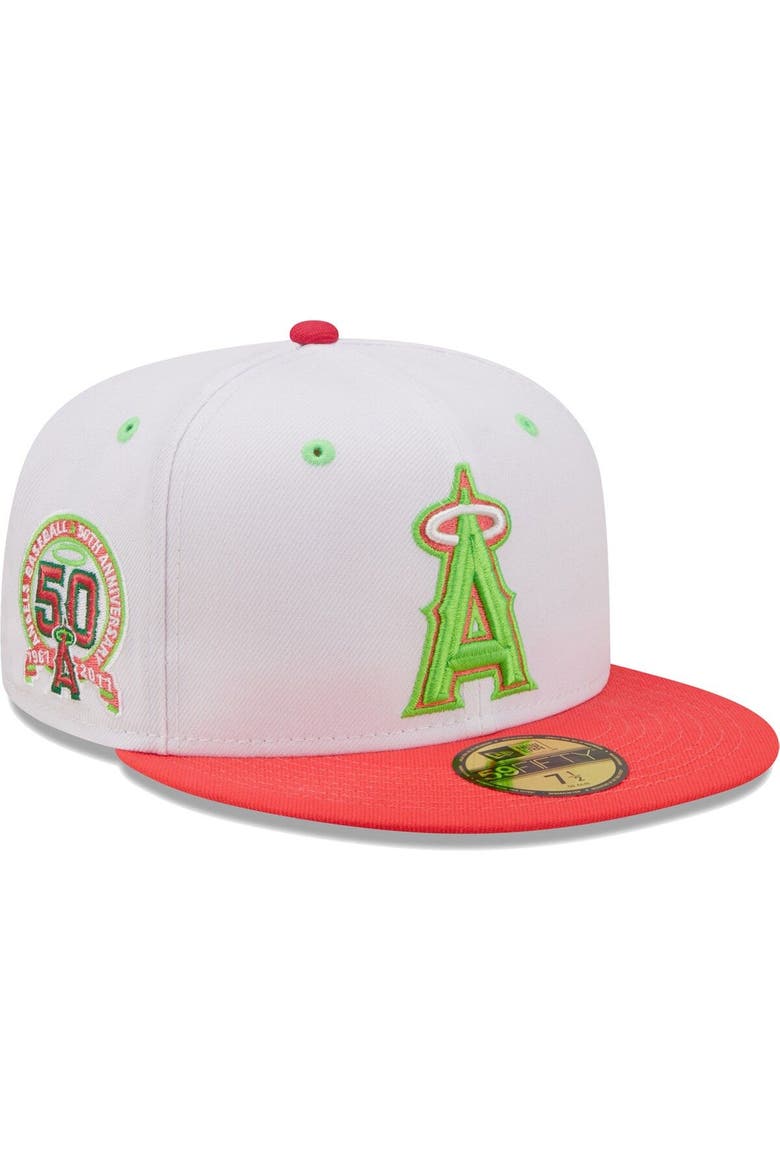 Men's New Era White/Coral Los Angeles Angels 50th Anniversary Strawberry Lolli 59FIFTY Fitted Hat, Main, color, White