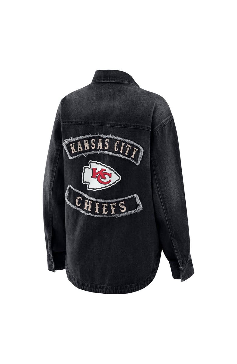 WEAR by Erin Andrews Women's WEAR by Erin Andrews Black Kansas City Chiefs Washed Oversized Denim Full-Snap Shacket, Alternate, color, Black