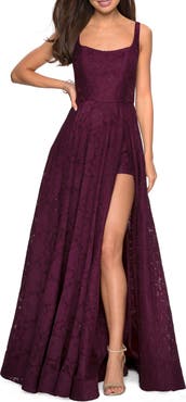 La Femme Long Lace Prom Dress with Attached Shorts