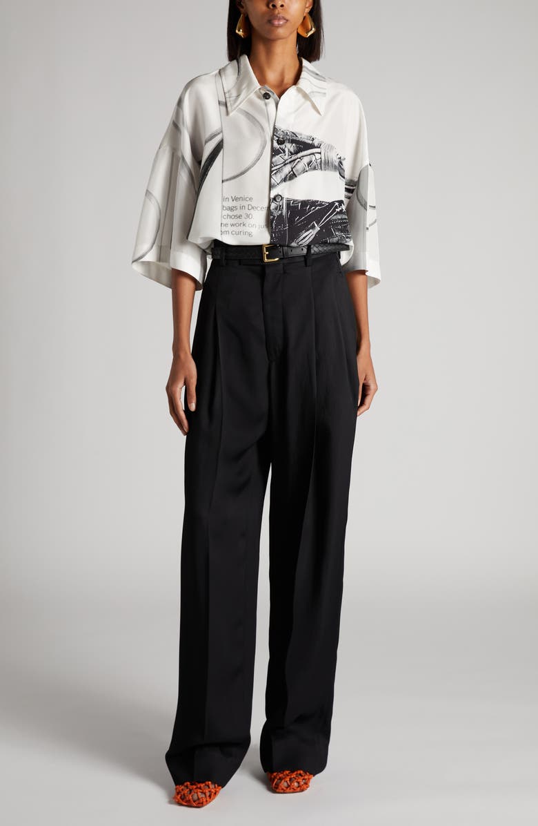 Bottega Veneta Campaign Print Oversize Silk Button-Up Shirt, Alternate, color, 9060 Chalk/ Black
