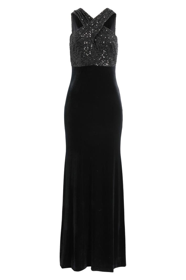 Sequin Cross Neck Mixed Media Gown, Alternate, color, BLACK
