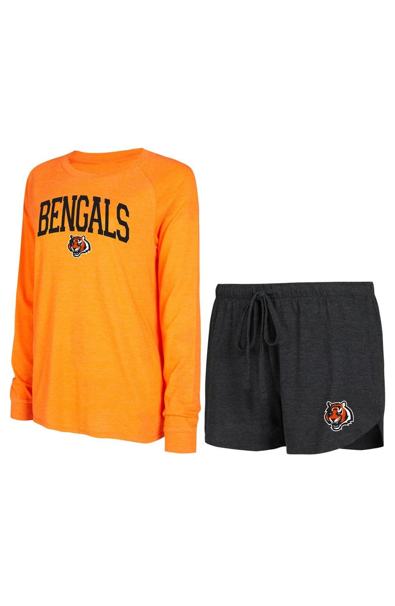 CONCEPTS SPORT Women's Concepts Sport Black/Orange Cincinnati Bengals Raglan Long Sleeve T-Shirt & Shorts Lounge Set, Main, color, 