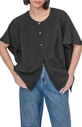 Dkny Textured Voile Button-up Shirt In Black