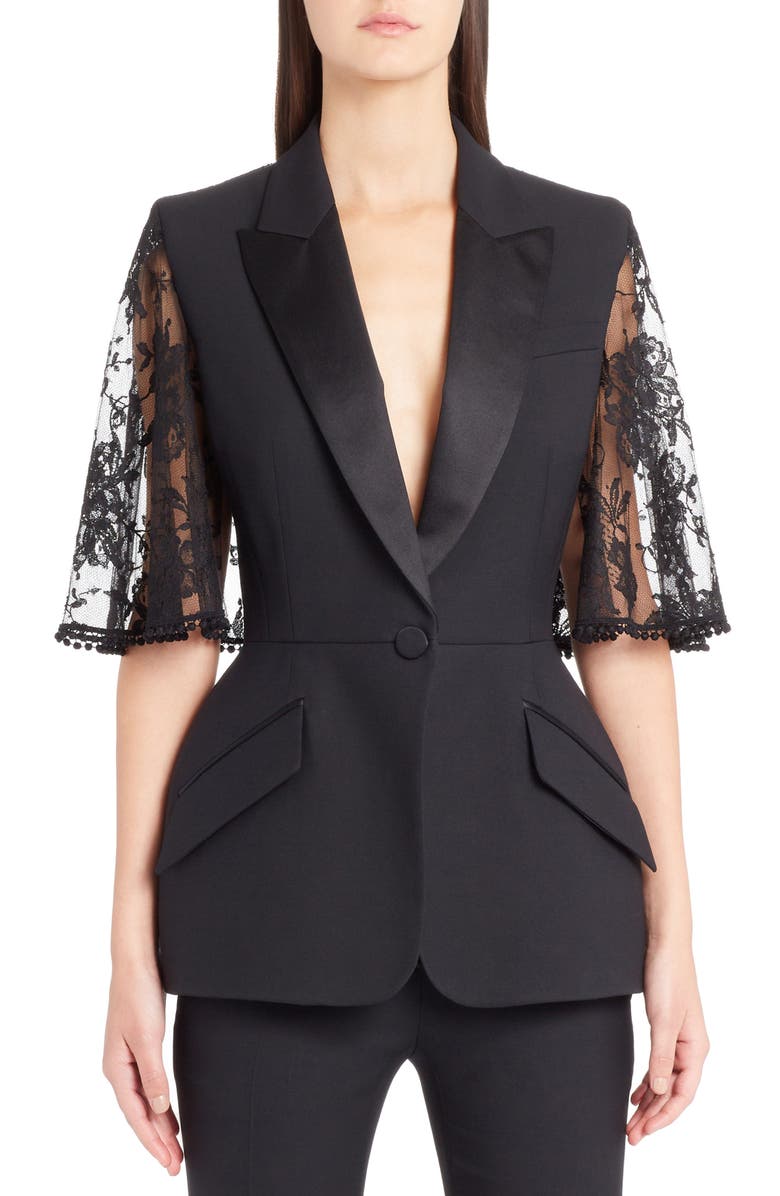 McQueen Alexander McQueen Lace Cape Wool & Silk Blend Blazer, Main, color,