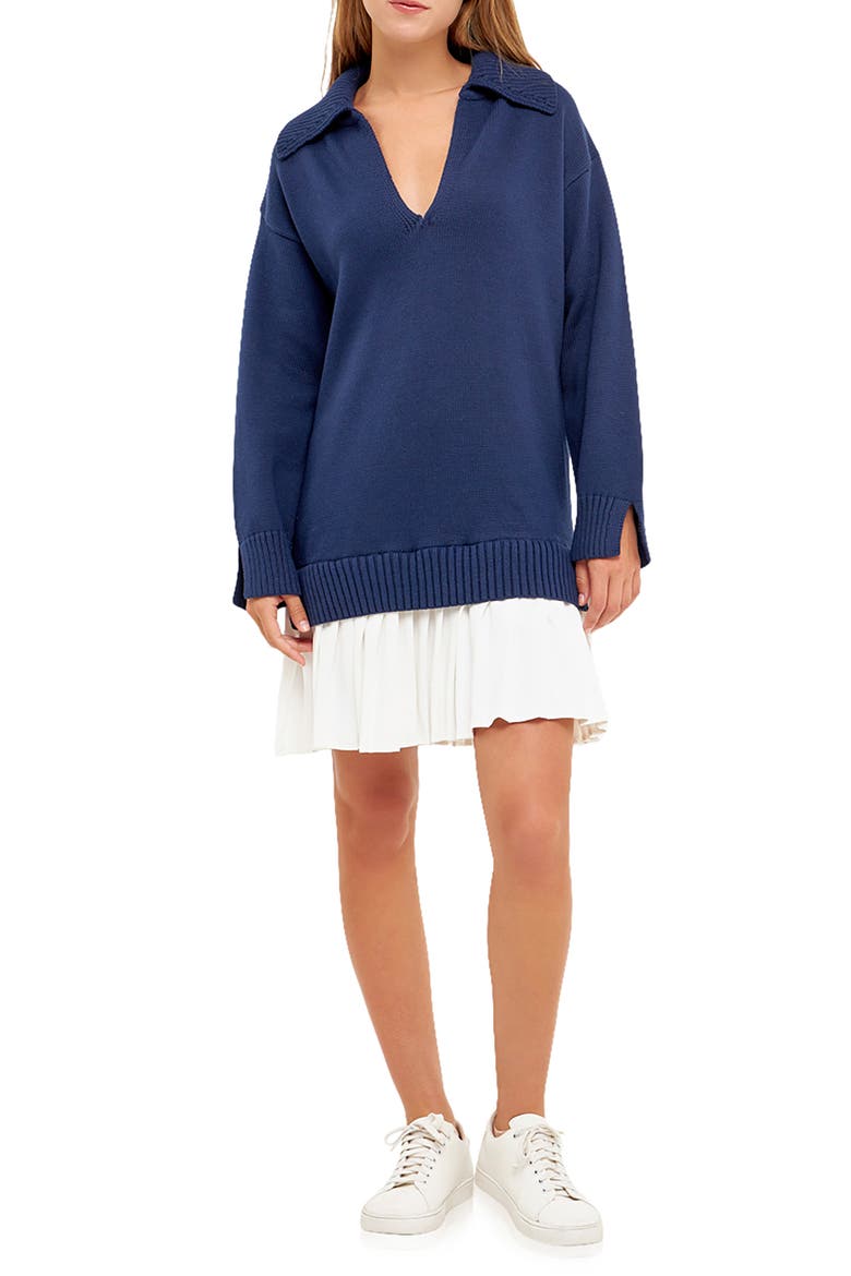 Mixed Media Pleated Minidress, Main, color, NAVY