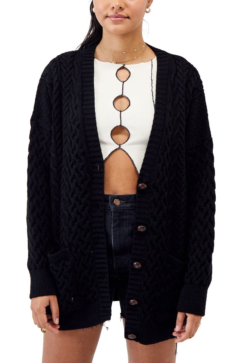Aran Mix Stitch Cardigan, Main, color, BLACK
