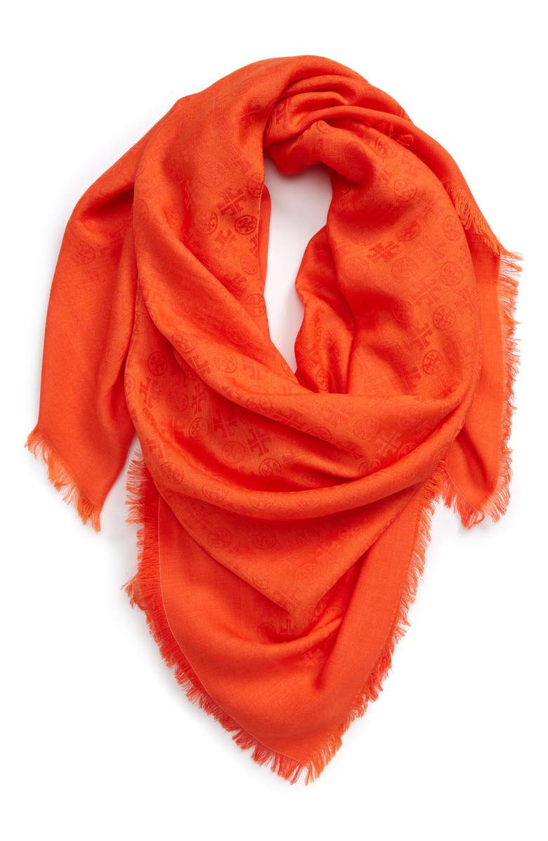 Tory Burch Traveler Logo Jacquard Wool & Silk Scarf, Alternate, color, Poppy Red