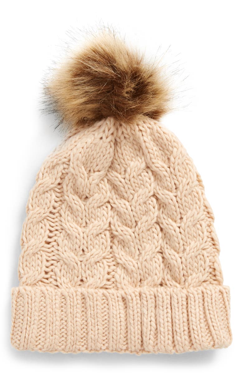 BP. Knit Beanie with Faux Fur Pompom, Main, color,