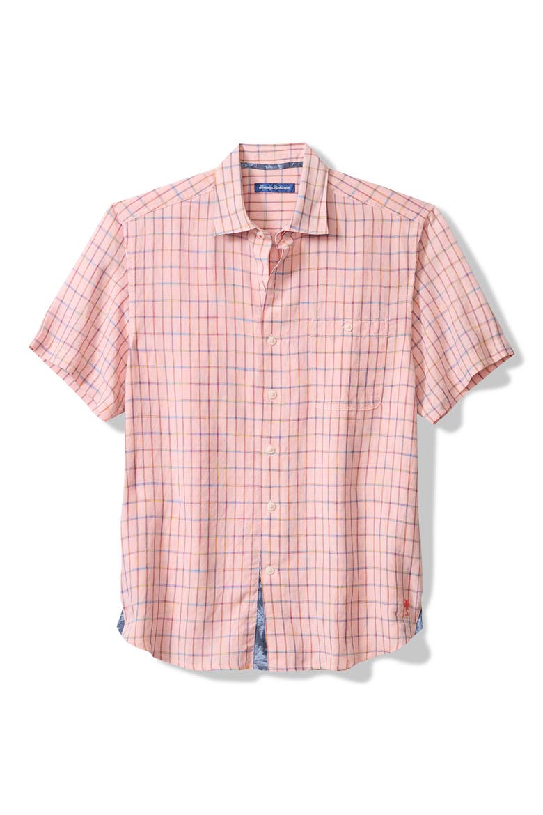 Sand Linen Manati Plaid Short Sleeve Linen Blend Button-Up Shirt, Main, color, BRIGHT PEACH