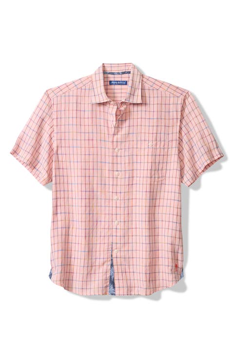 Sand Linen Manati Plaid Short Sleeve Linen Blend Button-Up Shirt