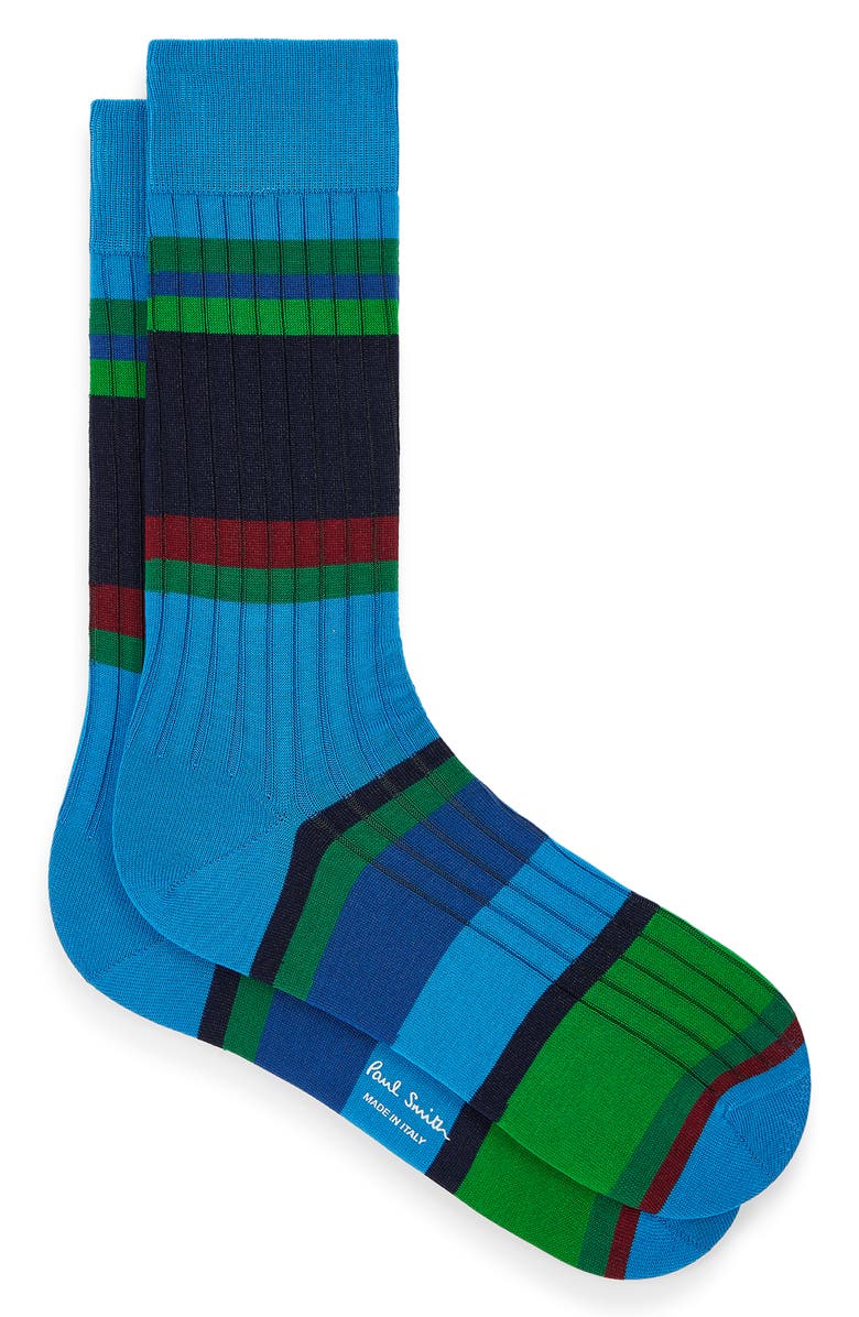 Paul Smith Stripe Rib Cotton Blend Dress Socks, Main, color, 42_Turquoise