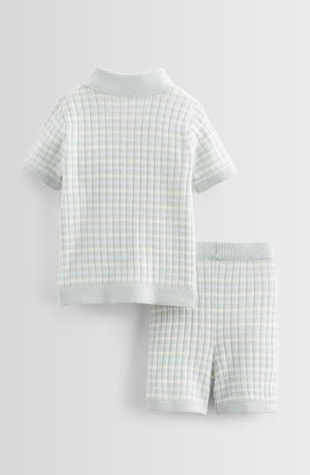 Stripe Pointelle Polo Sweater & Shorts Set