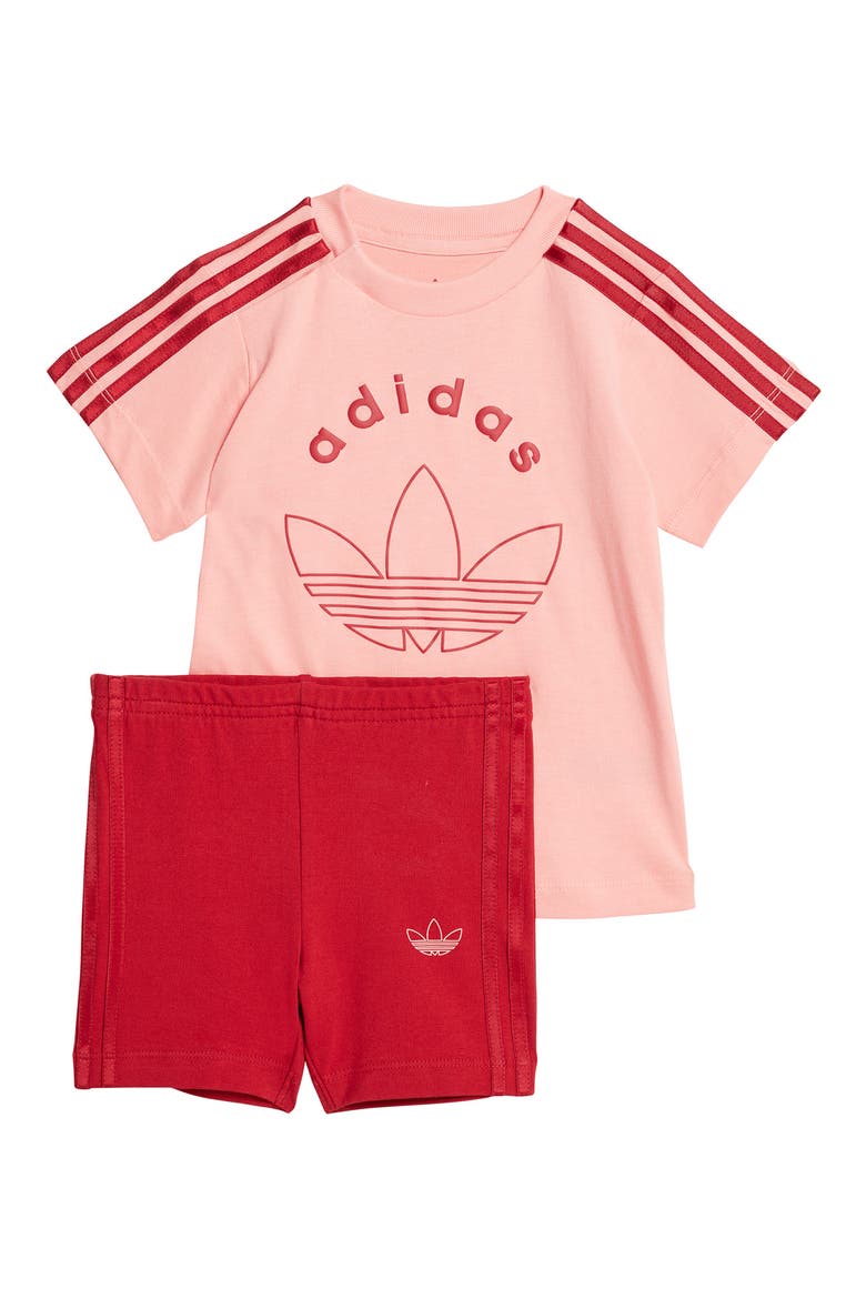 Trefoil Graphic T-Shirt & Bike Shorts Set, Main, color, SEMI PINK SPARK/ VICTORY RED