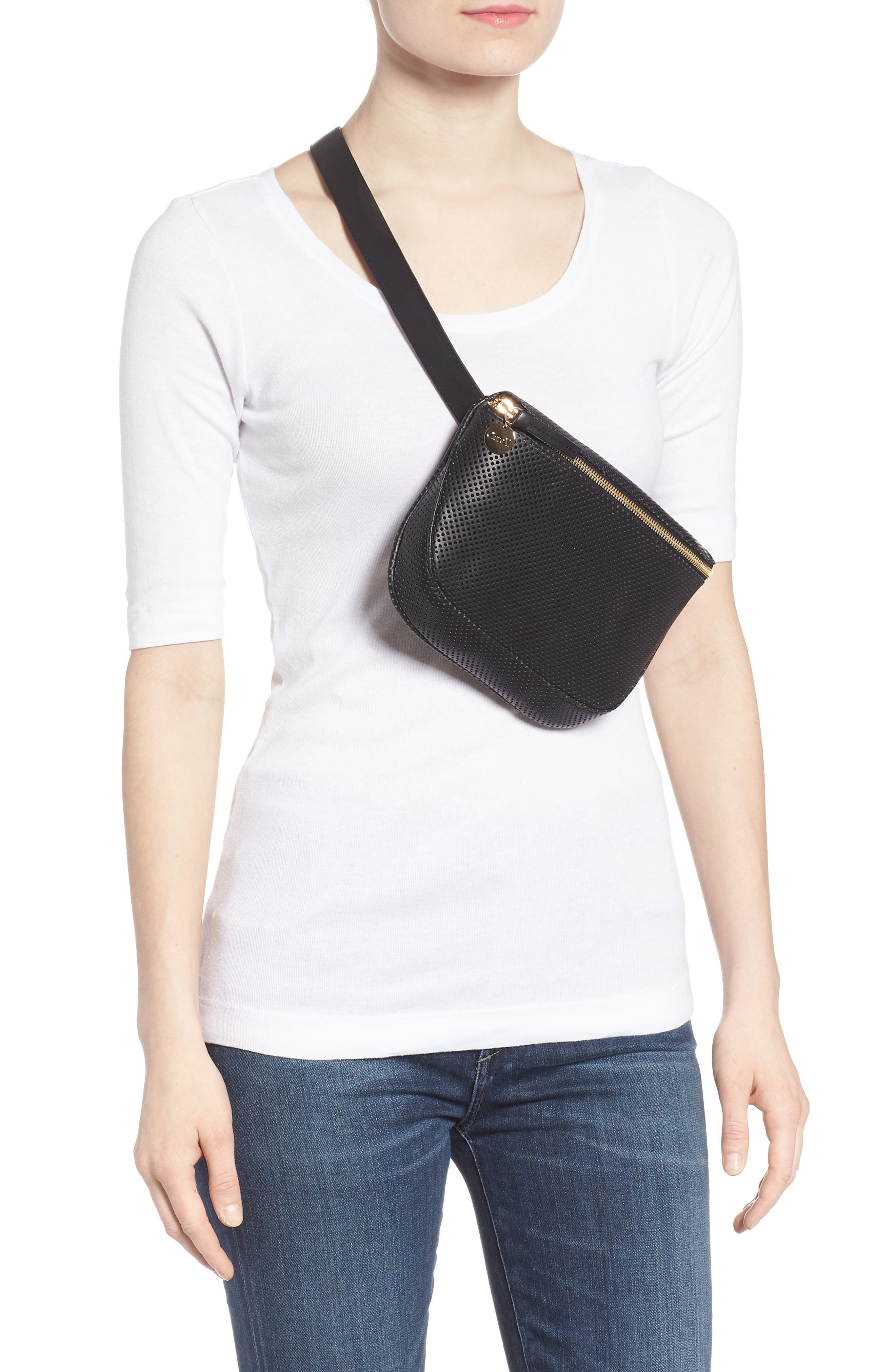 Clare V. Perforated Leather Fanny Pack, Alternate, color, 