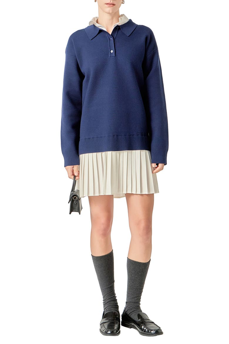 Long Sleeve Mixed Media Polo Minidress, Main, color, NAVY/ WHITE