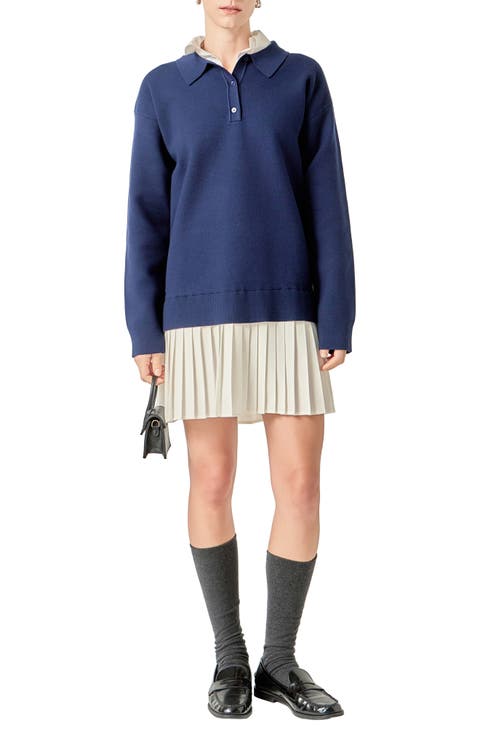 Long Sleeve Mixed Media Polo Minidress